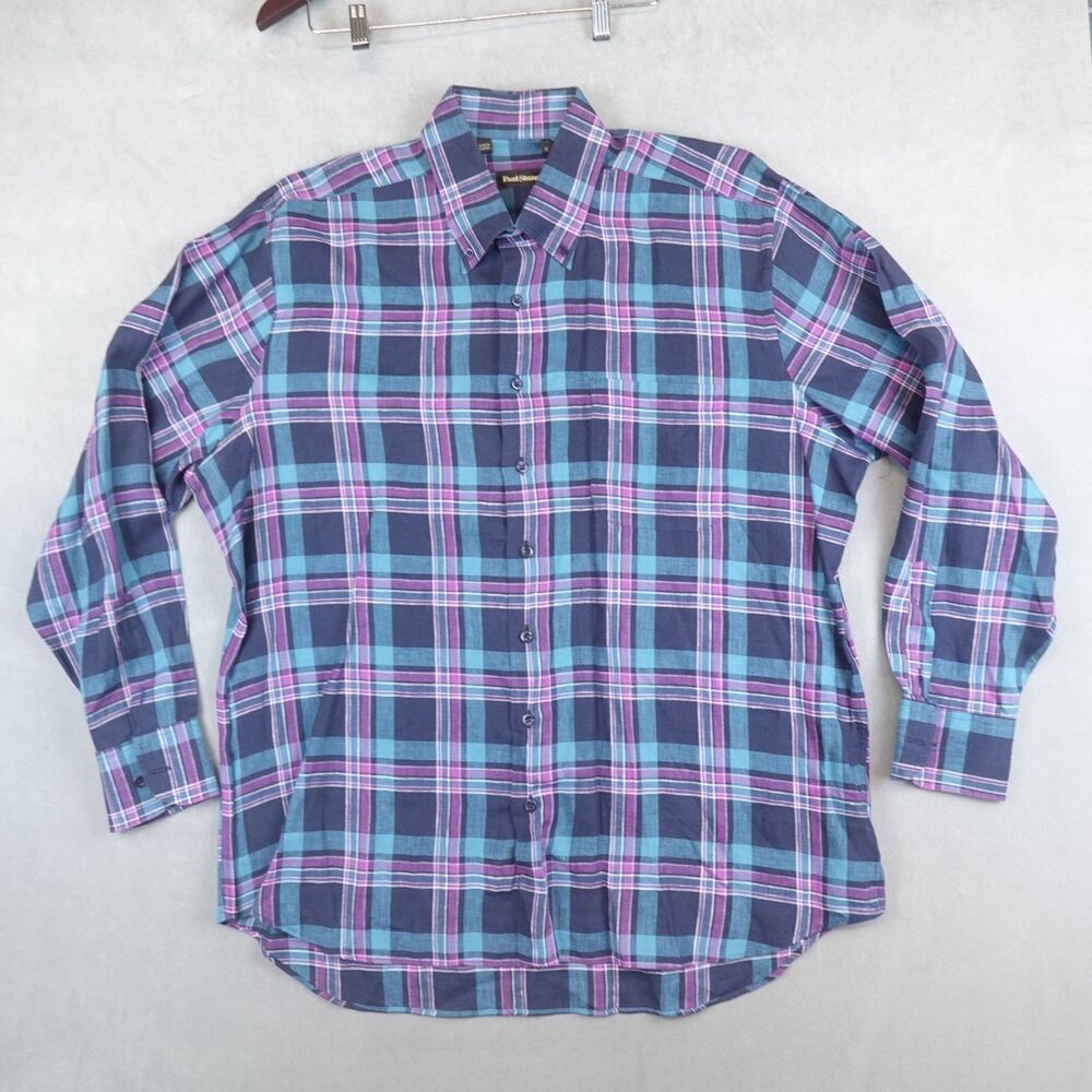 Paul Stuart Shirt Mens XL Blue Plaid Linen Button Down Long Sleeve Canada